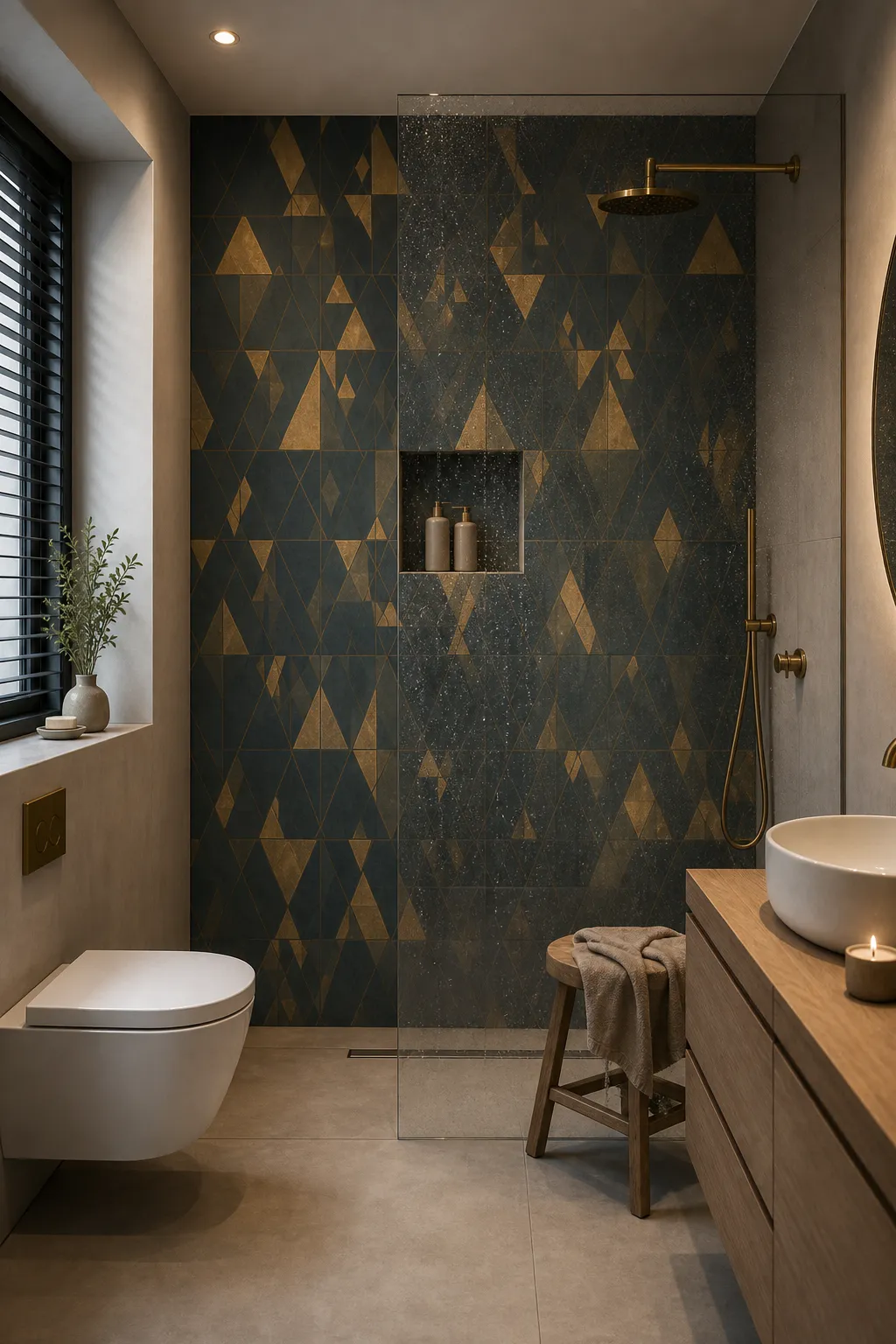 Wandpaneel Golden Mosaic mit goldenem Mosaikmotiv, montiert im Badezimmer
