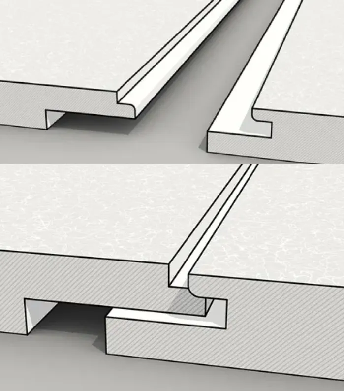 Nut-und-Feder-Verbindung zweier Wandpaneele im Schnitt, offen und zusammengesteckt