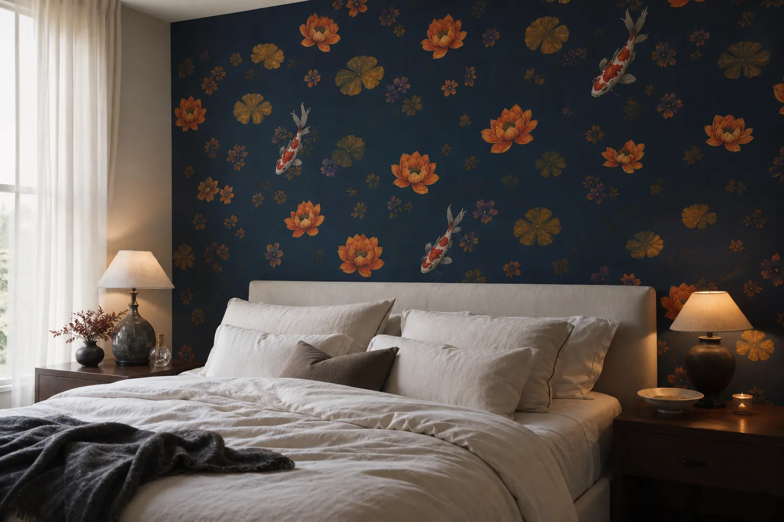 Wandpaneel Koi Luxe Serenity mit Koi-Motiv mit goldenen Akzenten