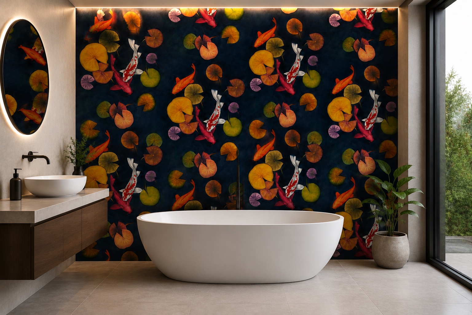Wandpaneel Koi Luxe Serenity mit Koi-Motiv mit goldenen Akzenten