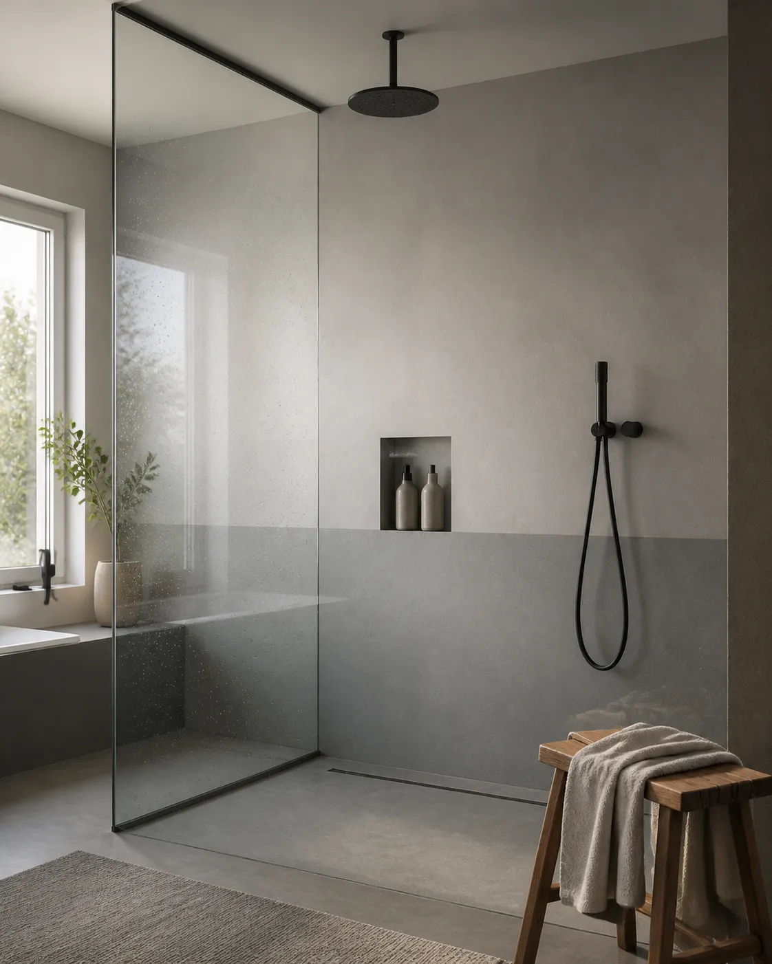 Wandpaneel Silver Concrete Horizon mit silbriger Betonoptik, montiert im Badezimmer